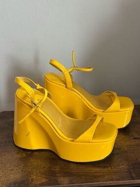 Jeffrey Campbell "Exhilarate" platform wedge sandals in yellow patent leather
